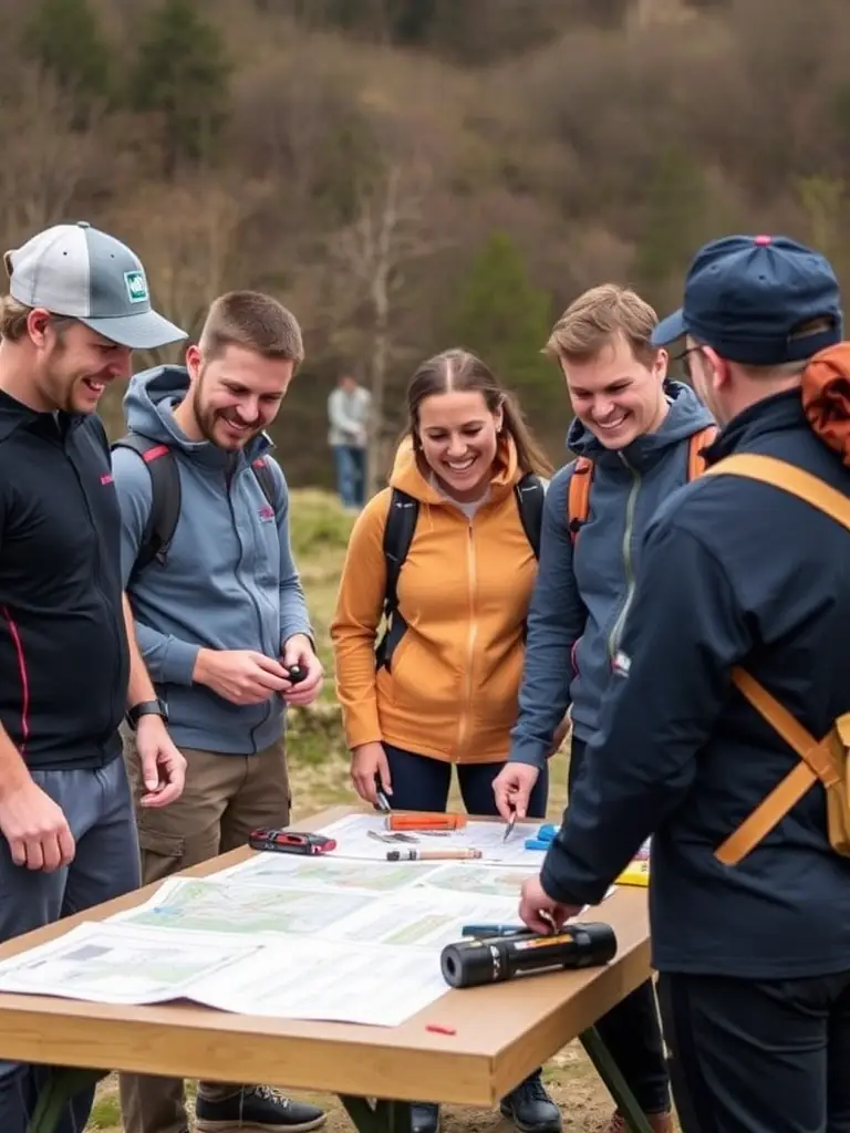 A group of team members participating in a team-building exercise, such as a problem-solving challenge or a physical activity, highlighting collaboration and camaraderie.