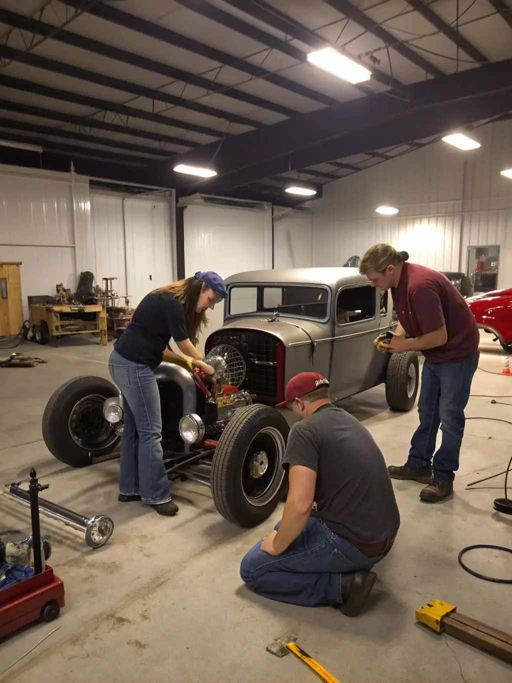 A picture of a group of volunteers working on rally car maintenance, showing the hands-on support and technical expertise provided by LD TEAM RALLYE.