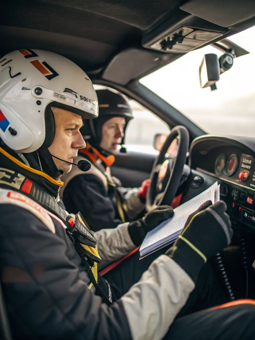 A high-action shot of a driver training session, showcasing participants navigating a challenging course in rally cars, emphasizing skill development and precision driving.